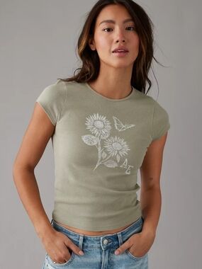 American Eagle Outfitters Sage Green Ribbed Tee with White Floral Graphic